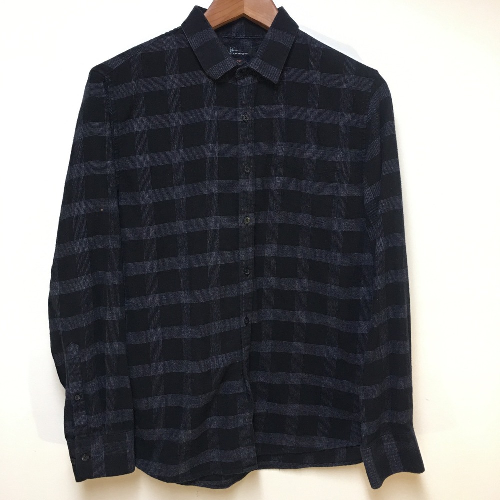 Marc Anthony Flannel Shirt Mens Medium Black Gray Slim Fit Plaid Button Down
